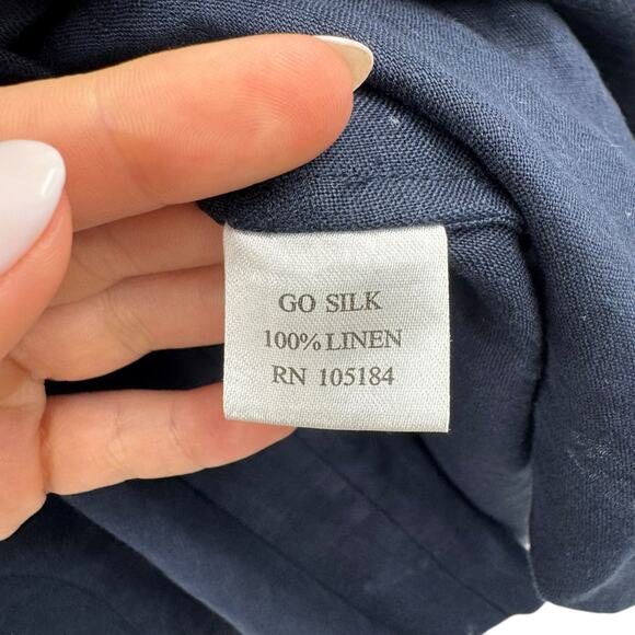 Go Silk Navy Blue 100% Linen Long Sleeves Button Front Shift Shirt Dress - Picture 12 of 13